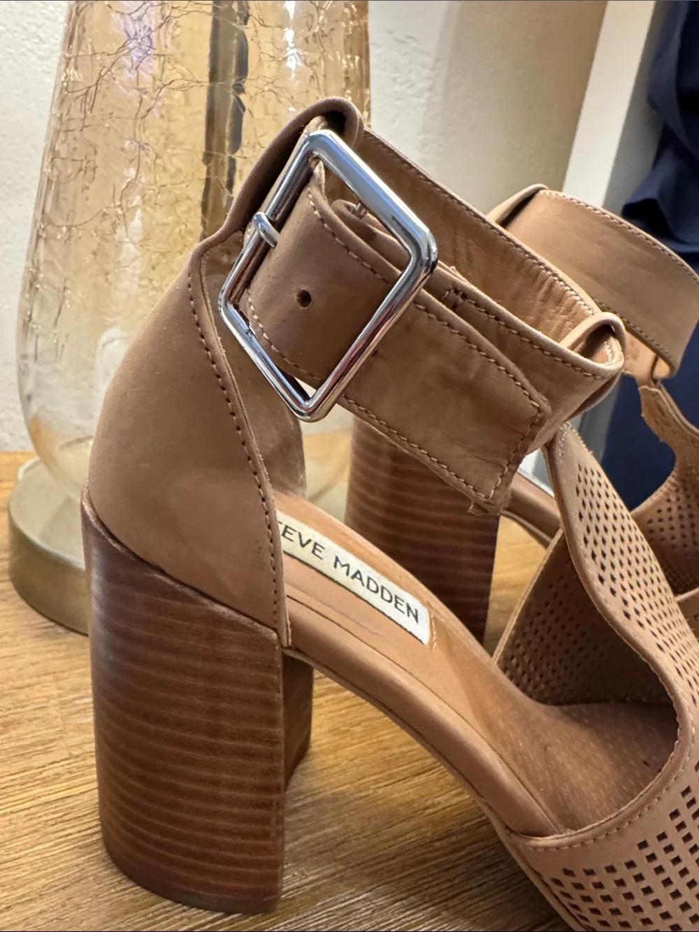 Steve Madden Tan Leather Perforated Ankle-Strap Block Heel Sandal